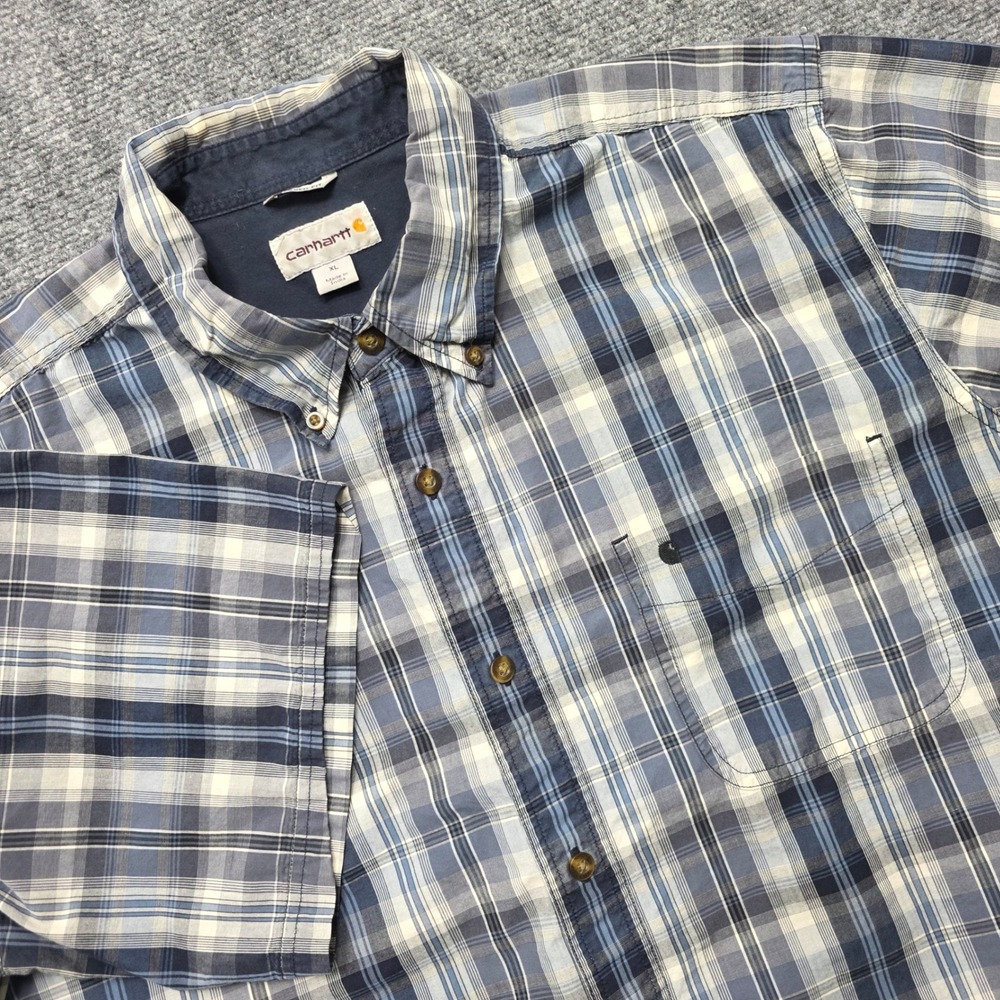 Carhartt Men's XL Short Sleeve Plaid Button Down Shirt Blue Gray White Workwear